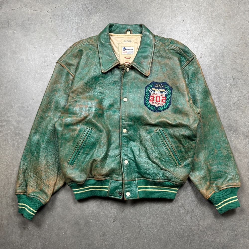Vintage‎ 1980s Avirex USA Mohawks Leather Jacket Mens L  Green Preowned Faded